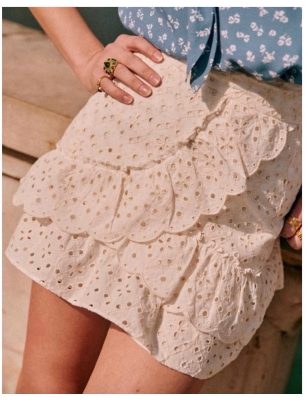 Sezane Cream Eyelet Tiered Mini Skirt NWT